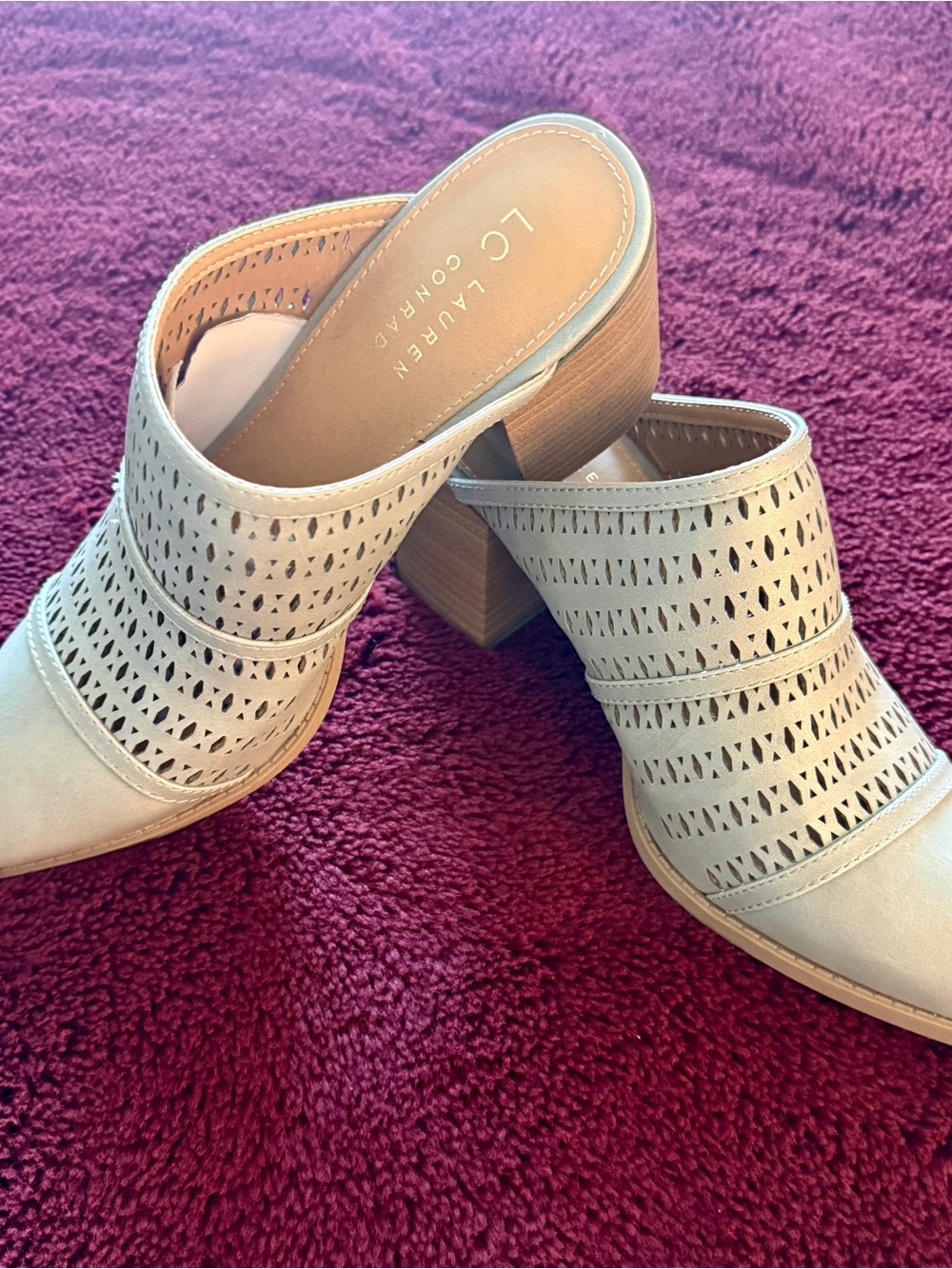 LC Lauren Conrad Grey Perforated Block Heel Mules